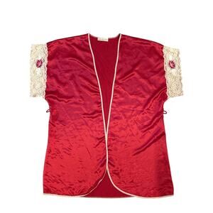 Vintage Wendy Ann Red satin Lace Floral Kimono Robe silk Sheer lace Sleeve 24x34